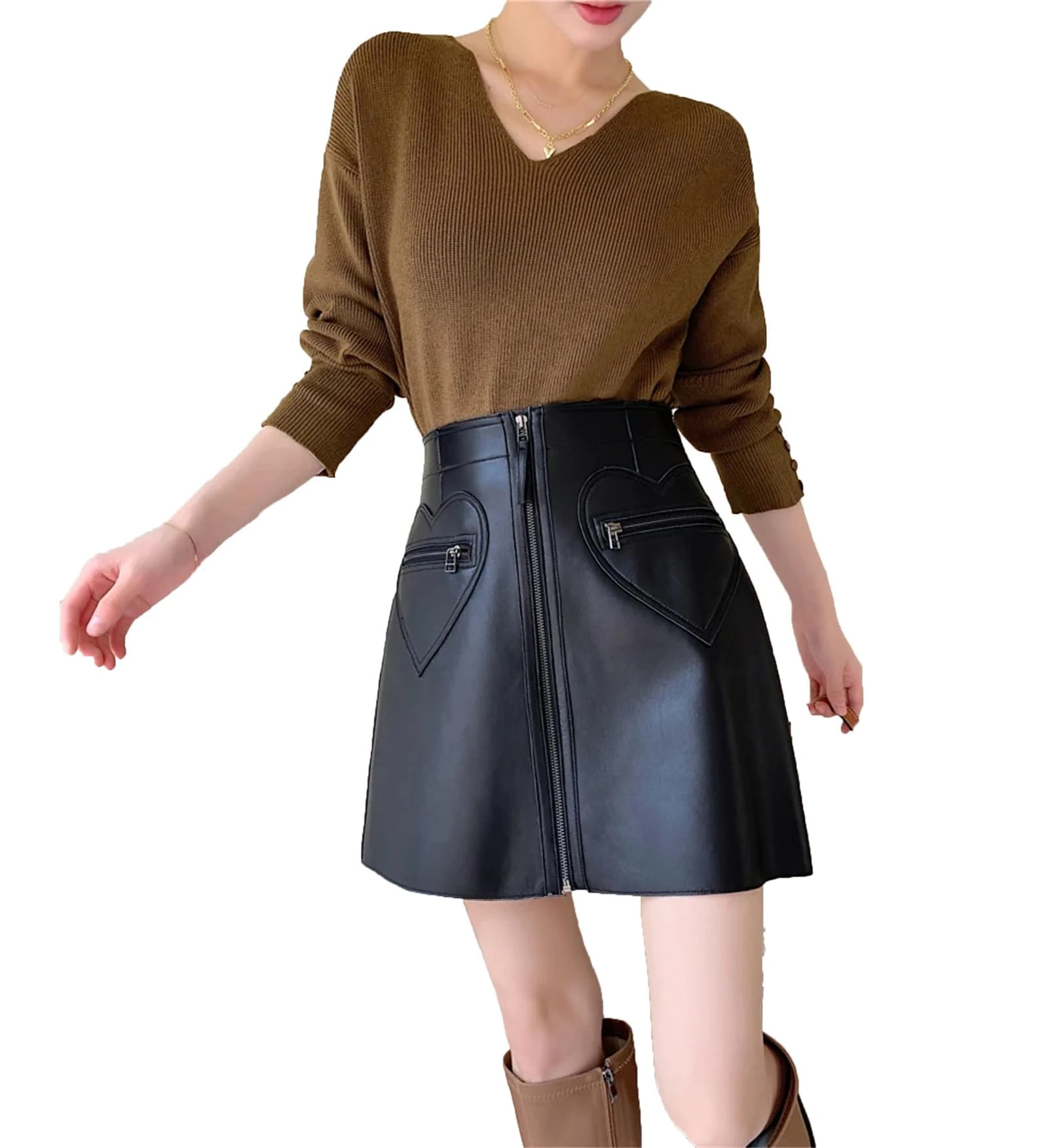 Women Heart Shape Pockets High Booty Dress Ladies Fashionable Versatile Red A-Line Mini Skirts