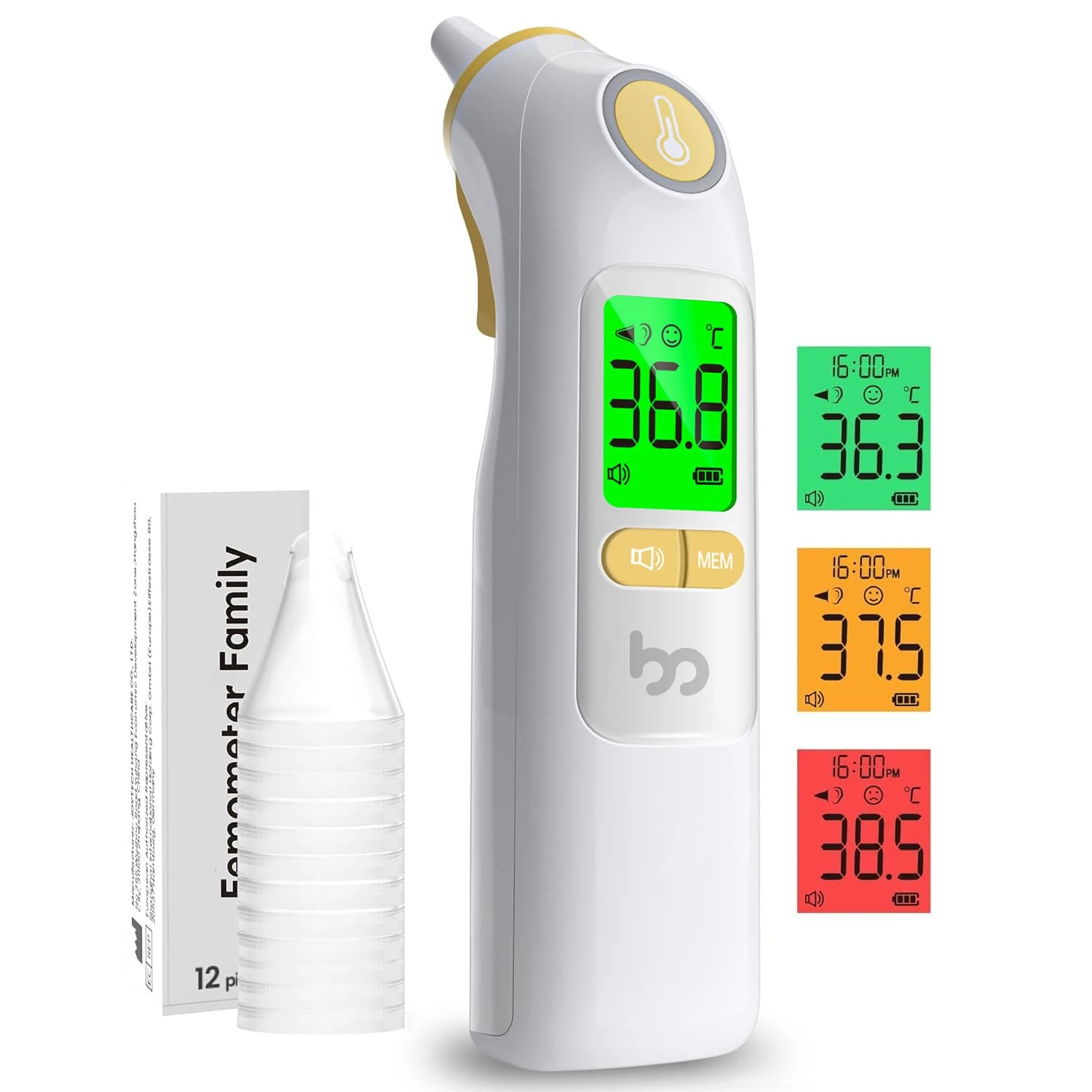Ear Thermometer, Professional Accuracy Ear Thermometer for Adults and Baby, 3-Color Fever Alert Code, Mute Mode, Reading Storage, with Disposable Probe Covers, Yellow