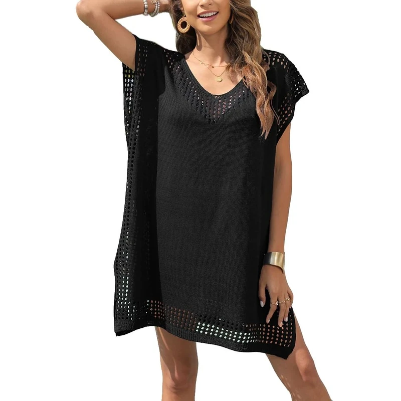 Women's Swim Cover-ups Beachwear Hollow Out V-Neck Short Sleeve Crochet Dress Women Bikini Plus Size Beach Long Beachwear Lightweight Poncho Casual Loose Flowy Swimwear Black