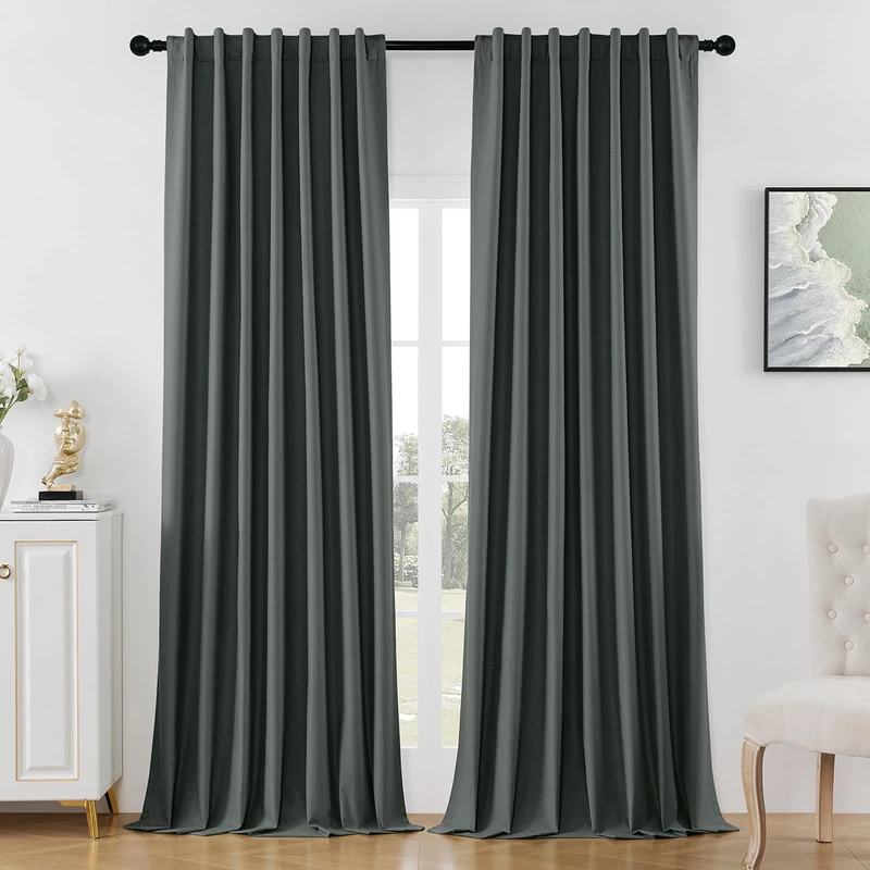 Joydeco Blackout Curtains for Bedroom 96 inches Long，Back Tab/Rod Pocket 100% Blackout Living Room Drapes, Textured Thermal Insulated Blackout Curtains 2 Panels Set,52" W x 96" L,Grey