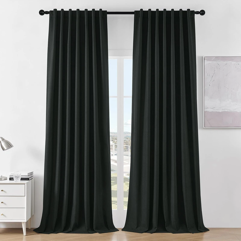 Joydeco Blackout Curtains for Bedroom 84 inch Length，Back Tab/Rod Pocket 100% Blackout Living Room Drapes, Textured Thermal Insulated Blackout Curtains 2 Panels Set,52" W x 84" L,Black