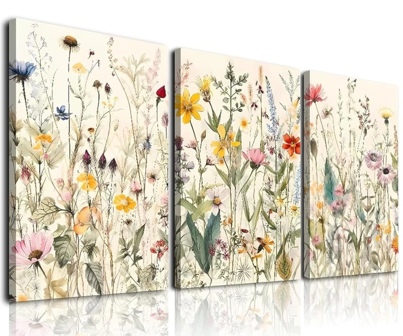 Framed Canvas Wall Art Set of 3, Minimalist Flower Floral Wall Art Farmhouse Decor, Boho Style Wall Decor Watercolor Wildflower Paintings, Modern Colorful Botanical Flower Art Print for Bathroom,