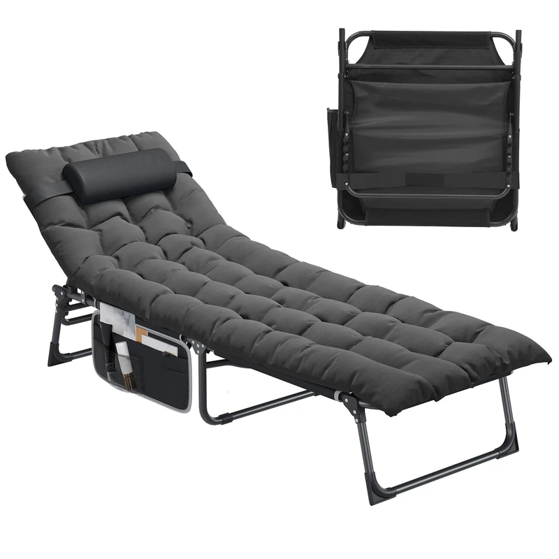 YITAHOME Reclining Sun Lounger with Cushion 190x68x31cm Folding Sun Bed 5 Position Adjustable, Sunloungers with Removable Headrest & Side Pocket Load Capacity 300lbs for Garden, Beach, Camping, Black