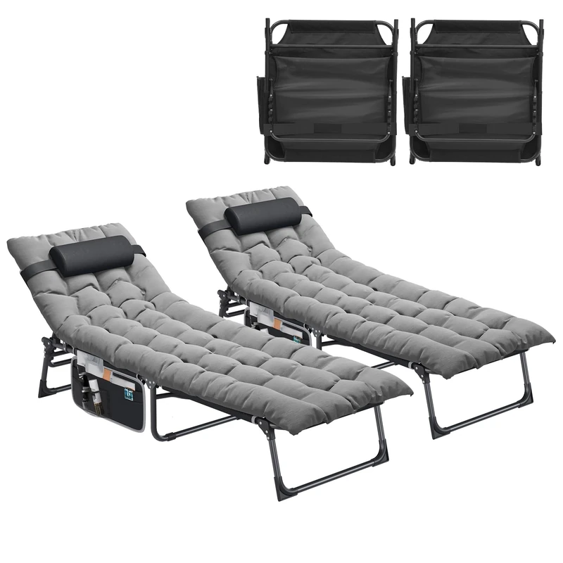 YITAHOME Reclining Sun Lounger Set of 2 with Cushion 190x68x31cm Folding Sun Bed 5 Position Adjustable, Sunloungers with Headrest & Side Pocket Load Capacity 300lbs for Garden, Beach, Camping, Gray