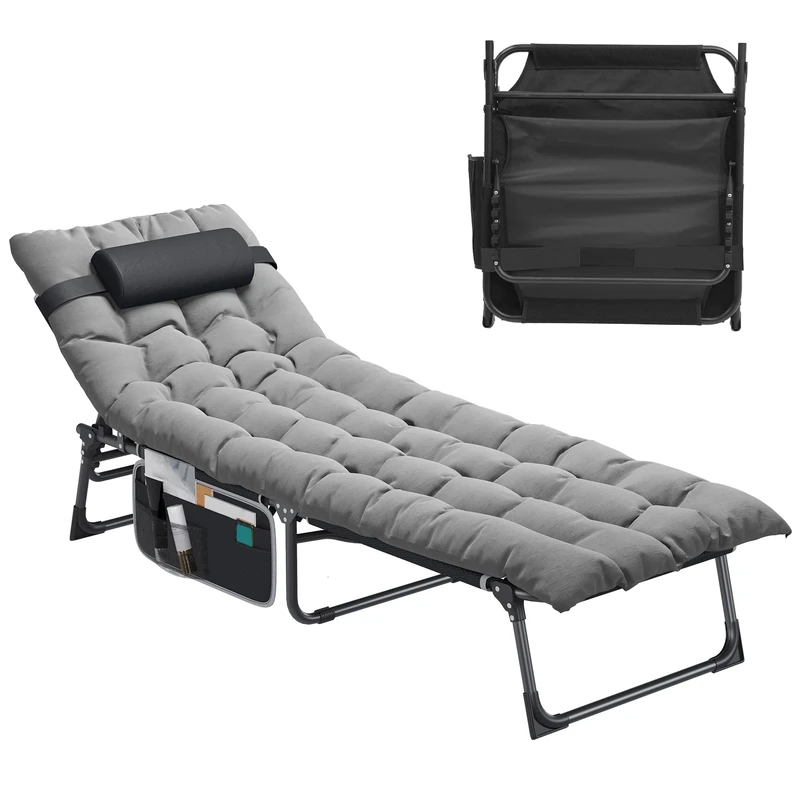 YITAHOME Reclining Sun Lounger with Cushion 190x68x31cm Folding Sun Bed 5 Position Adjustable, Sunloungers with Removable Headrest & Side Pocket Load Capacity 300lbs for Garden, Beach, Camping, Gray