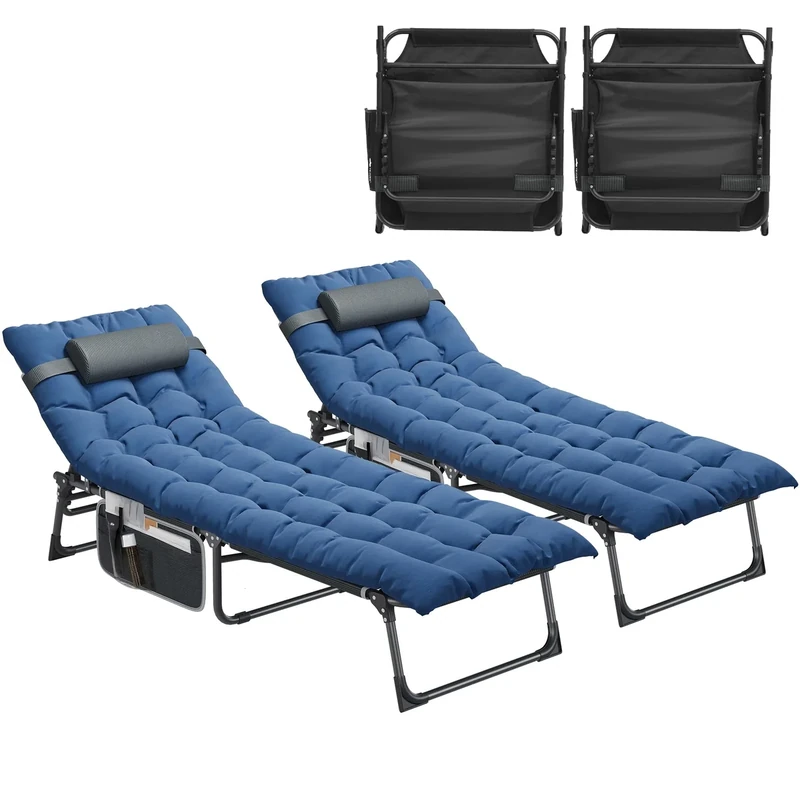YITAHOME Reclining Sun Lounger Set of 2 with Cushion 190x68x31cm Folding Sun Bed 5 Position Adjustable, Sunloungers with Headrest & Side Pocket Load capacity 300lbs for Garden, Beach, Camping, Blue