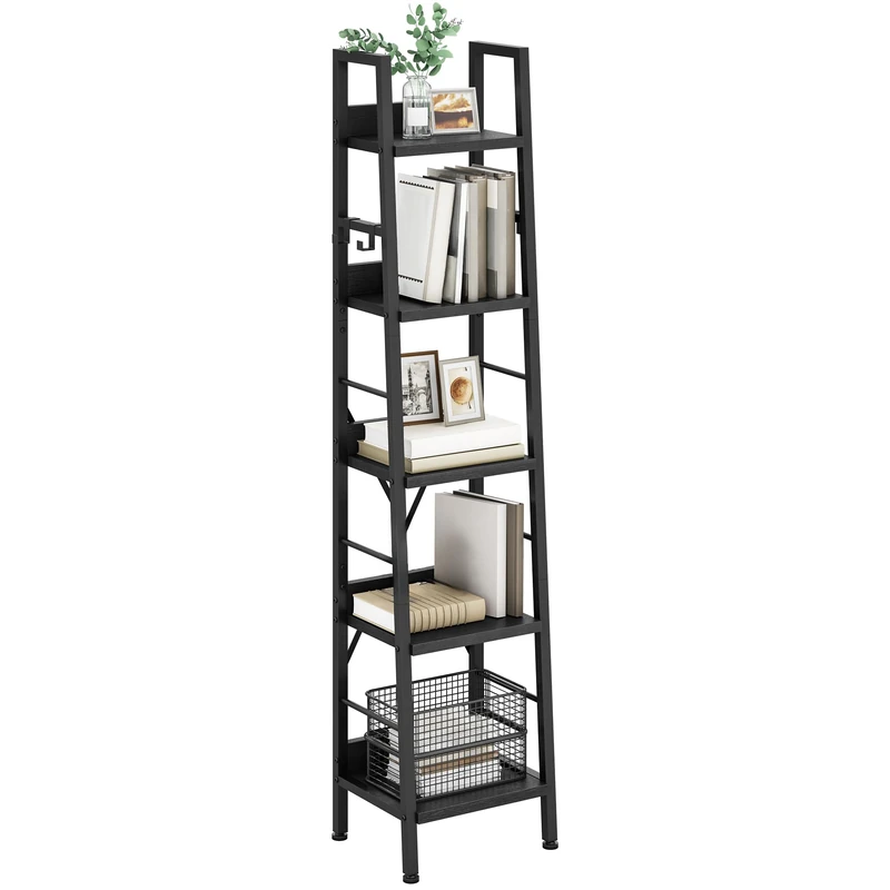 YITAHOME Bookcase 5 Tiers, Industrial Ladder Shelf Floorstanding Book Shelf Wooden Shelves and Metal Frame Book Rack Modern Shelving Unit for Living Room, Hallway, Office, Black Bookshelf