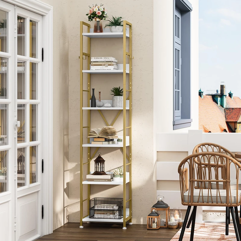 YITAHOME Bookcase 6 Tiers, Floor Standing Book Shelf with 4 Hooks, Wooden Shelf and Metal Frame Book Rack Industrial Tall Shelf Unit Storage for Living Room, Home Office, Golden Bookshelf