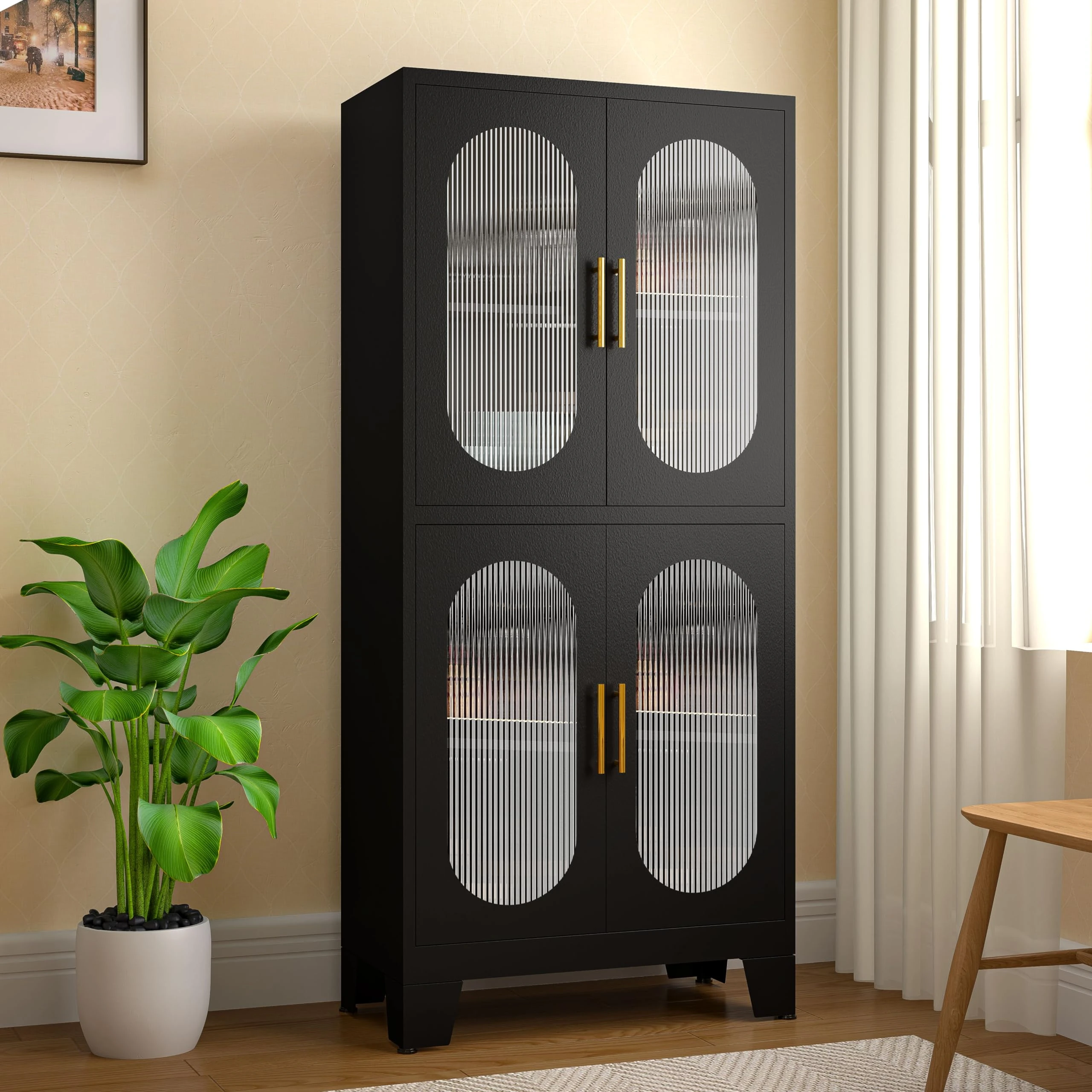 winiowa 61" Metal Pantry Cabinet, Kitchen Storage Cabinets with Acrylic Glass Doors and Adjustable Shelves, Black Cupboard for Bathroom, Laundry, Living Room, Dinning Room, Home Office