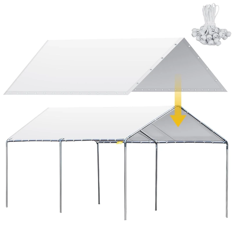 Wesnoy Heavy Duty Carport Canopy Waterproof Cover Garage Car Shelter Tarp Tent for Replacement with 50 Ball Bungees, Only Top Cover, Frame is Not Included, White (10 x 20 ft), ZUO-Wesnoy-0668