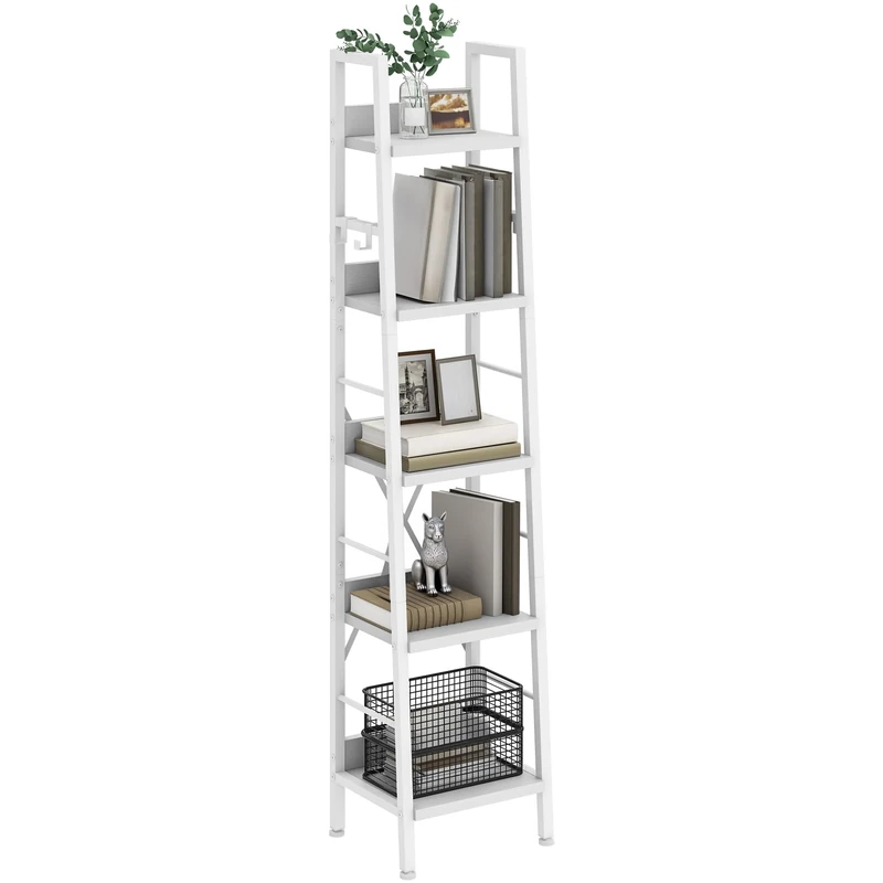 YITAHOME Bookcase 5 Tiers, Industrial Ladder Shelf Floorstanding Book Shelf Wooden Shelves and Metal Frame Book Rack Modern Shelving Unit for Living Room, Hallway, Office, Pure White Bookshelf