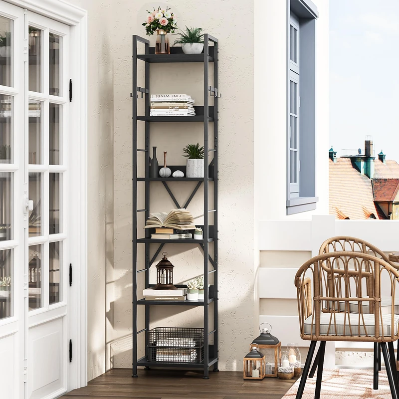 YITAHOME Bookcase 6 Tiers, Floor Standing Book Shelf with 4 Hooks, Wooden Shelf and Metal Frame Book Rack Industrial Tall Shelf Unit Storage for Living Room, Home Office, Black Bookshelf
