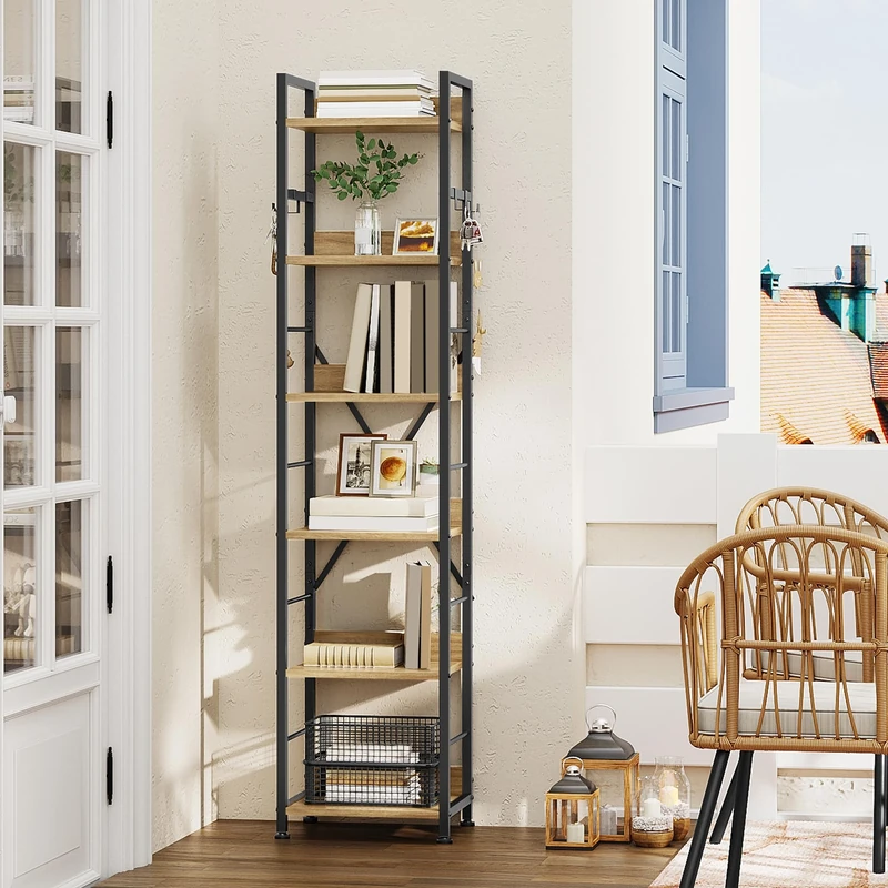 YITAHOME Bookcase 6 Tiers, Floor Standing Book Shelf with 4 Hooks, Wooden Shelf and Metal Frame Book Rack Industrial Tall Shelf Unit Storage for Living Room, Home Office, Oak Color Bookshelf