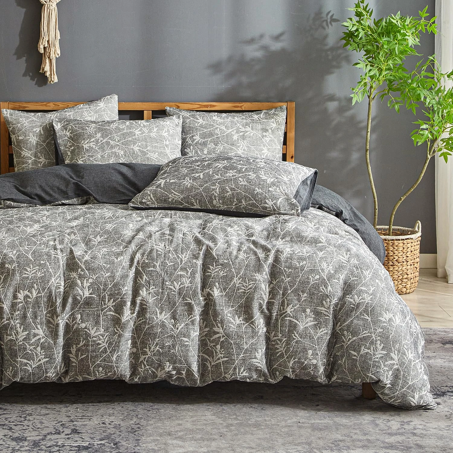 Ivellow Linen Cotton Blended Duvet Cover Set Floral Branch Duvet Cover Set Breathable Durable Jaquard Textured Duvet Cover Set Dark Grey Queen