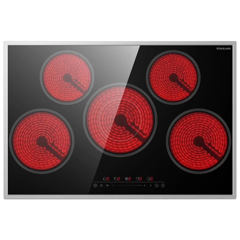 GASLAND CH775BF20B Glass Ceramic Cooktop, 77 cm Built-in Electric Hob with Stainless Steel Frame, 5 Cooking Zones, Ceramic Cooktop with Multi-Circuit Zone, Slider Control, Pause Function, 8200W