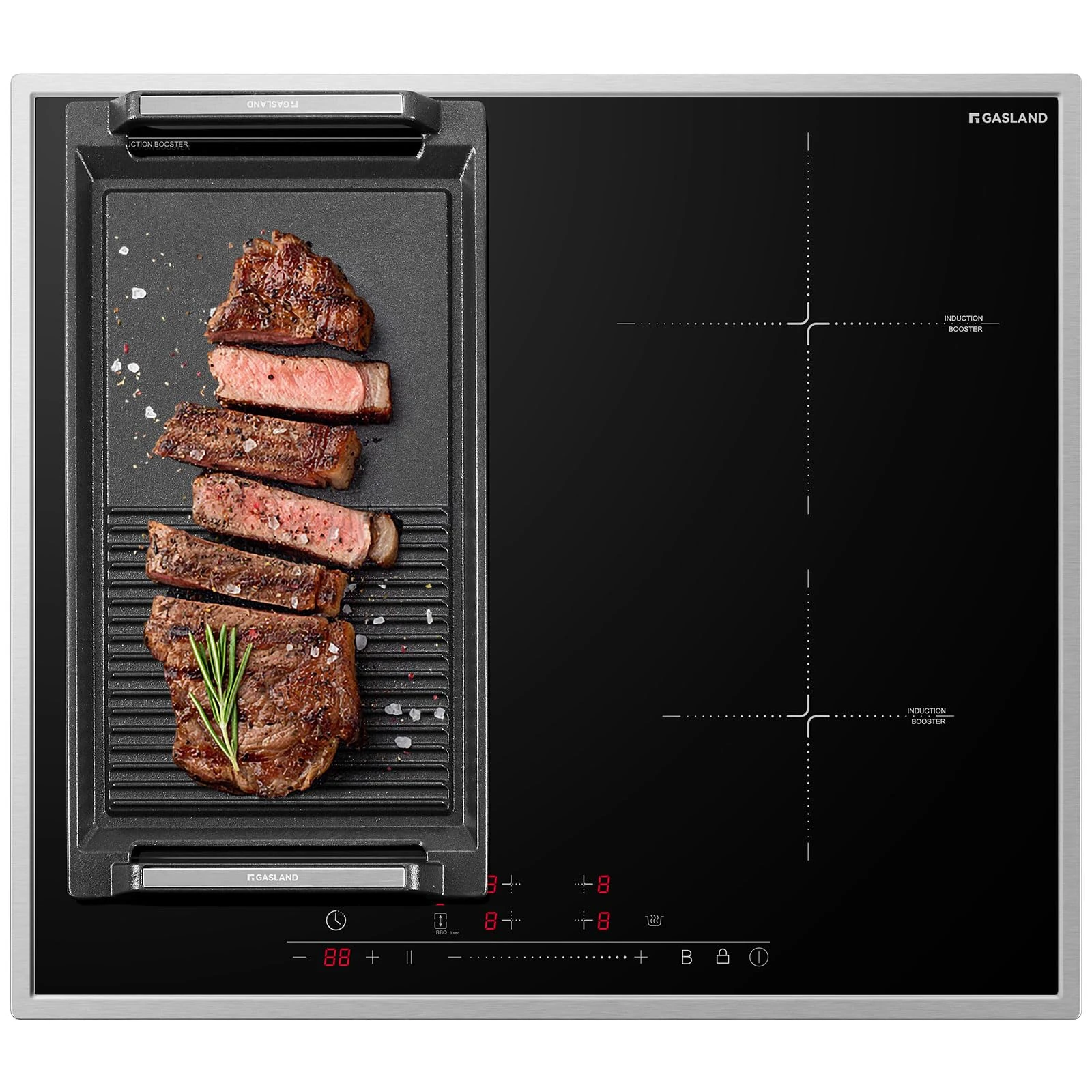 GASLAND IH604BFB 60cm Autarkic Induction Cooktop with FlexZones, 4 zones Induction Hob, stainless steel frame, FlexInduction for BBQ, PowerBoost for faster cooking, 7000W (without Grill Plate)