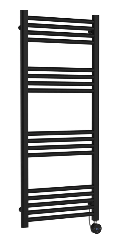 nuie MTY460 Modern Bathroom Wall Hung Round Electric Flat Panel Heated Towel Rail, 1200 x 500, Matt Black
