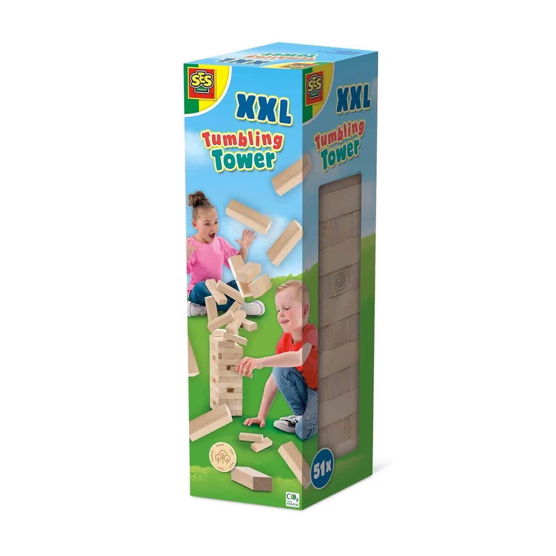 SES Creative 02313 - Tumbling tower XXL, big wooden blocks, fun skill game for children 5 years