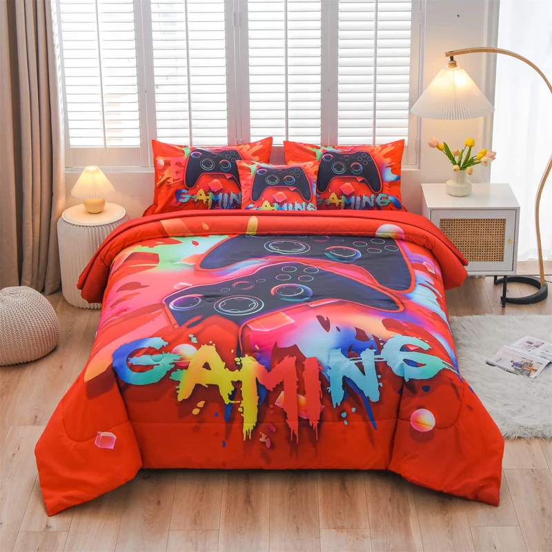 Aimuan Gaming Comforter Sets for Boys Kids Bedding Sets Video Games Console Action Buttons Novelty Colorful Game Gamepad Controller Modern Gamer Room Decor Home Quilt Set (Queen 6 Pcs,Red)