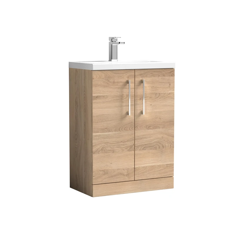 nuie PAL033E Arno Compact Modern Bathroom Floor Standing 2 Soft Close Door Cloakroom Vanity Unit with Ceramic Basin, 600mm, Bleached Oak Woodgrain
