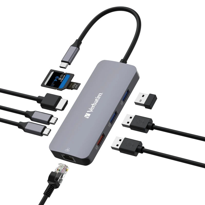 Verbatim USB C Hub 9 in 1 Multiport Adapter USB-C to HDMI RJ45 USBA-A and USB-C with SD Card Reader for Mac, MacBook Pro/Air, iPad Pro, Thinkpad, Windows Computer, Laptop and Co