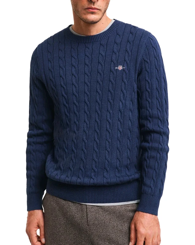 GANT Men's Cotton Cable C-Neck Pullover Sweater, Dark JEANSBLUE Melange, - Image 1