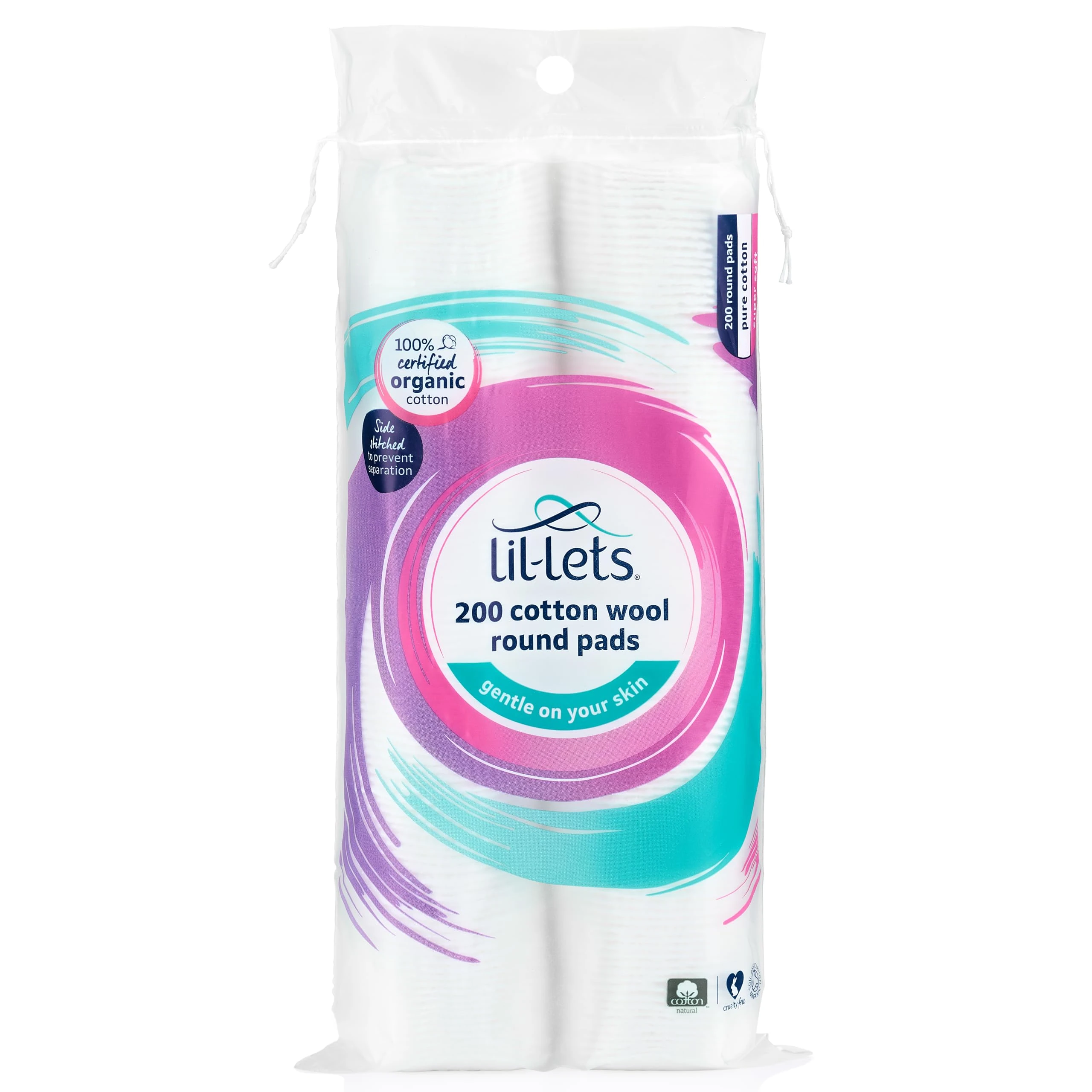 Lil-Lets Cotton Wool Round Pads, 200 Count, Certified Organic, 100% Pure Cotton Wool, Soft and Absorbent, Gentle on Skin, Dermatologically Tested, Bulk Pack