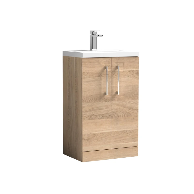 nuie PAL032 Arno Compact Modern Bathroom Floor Standing 2 Soft Close Door Cloakroom Vanity Unit with Polymarble Basin, 500mm, Bleached Oak Woodgrain