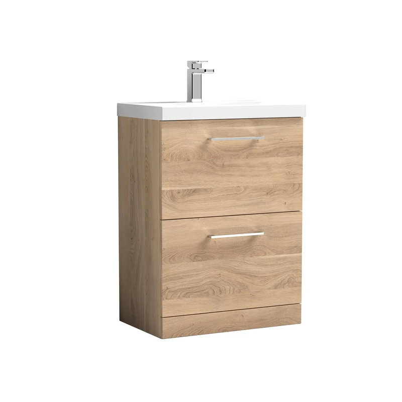 nuie ARN3033A Arno Modern Bathroom Floor Standing 2 Soft Close Drawer Vanity Unit with 1 Tap Hole Mid-Edge Basin, 600mm, Bleached Oak Woodgrain