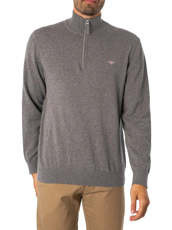 GANT Mens Cotton Half Zip Sweater Grey Melange L