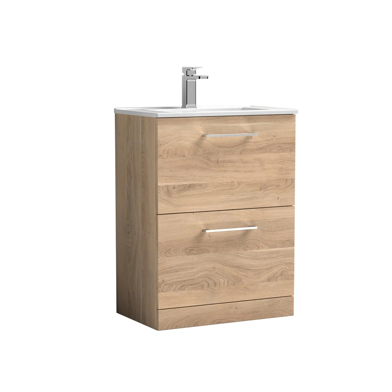 nuie ARN3033B Arno Modern Bathroom Floor Standing 2 Soft Close Drawer Vanity Unit with 1 Tap Hole Minimalist Basin, 600mm, Bleached Oak Woodgrain
