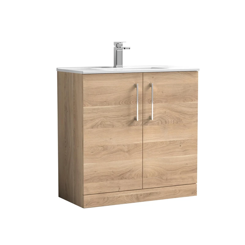 nuie ARN3005B Arno Modern Bathroom Floor Standing 2 Soft Close Door Vanity Unit with 1 Tap Hole Minimalist Basin, 800mm, Bleached Oak Woodgrain