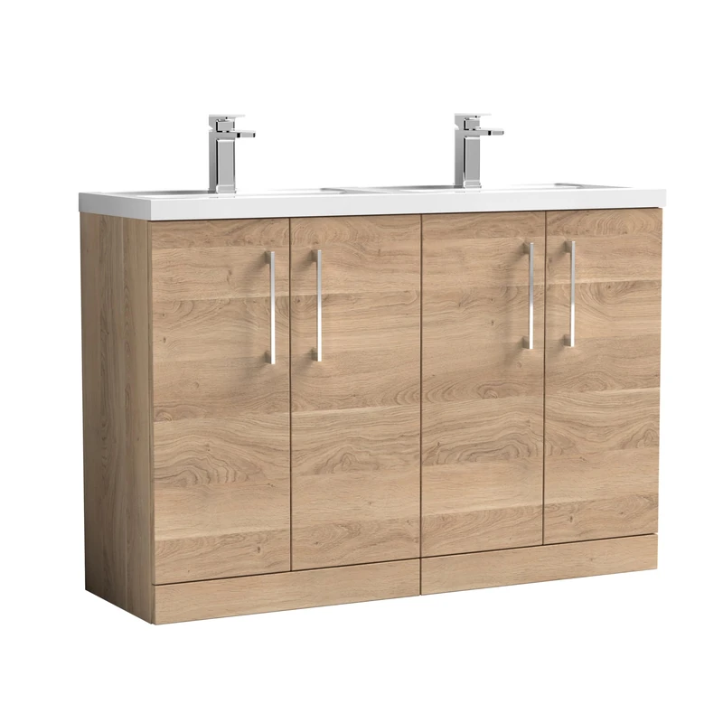 nuie ARN3003C Arno Modern Bathroom Floor Standing 4 Soft Close Door Double Vanity with Polymarble Basin, 1200mm, Bleached Oak Woodgrain