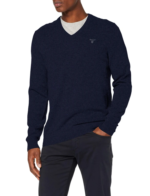 GANT Extrafine Lambswool V-Neck, Dark Navy Melange, M