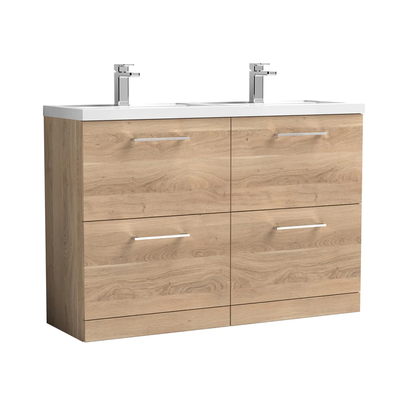 nuie ARN3033C Arno Modern Bathroom Floor Standing 4 Soft Close Drawer Vanity Unit with Polymarble Double Basin, 1200mm, Bleached Oak Woodgrain