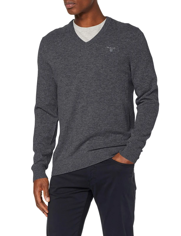 GANT Extrafine Lambswool V-Neck, Dk Charcoal Melange, L