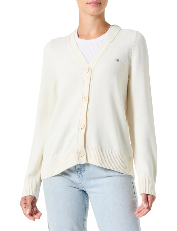 GANT Women's Classic Cotton Cardigan Sweater, Cream, S