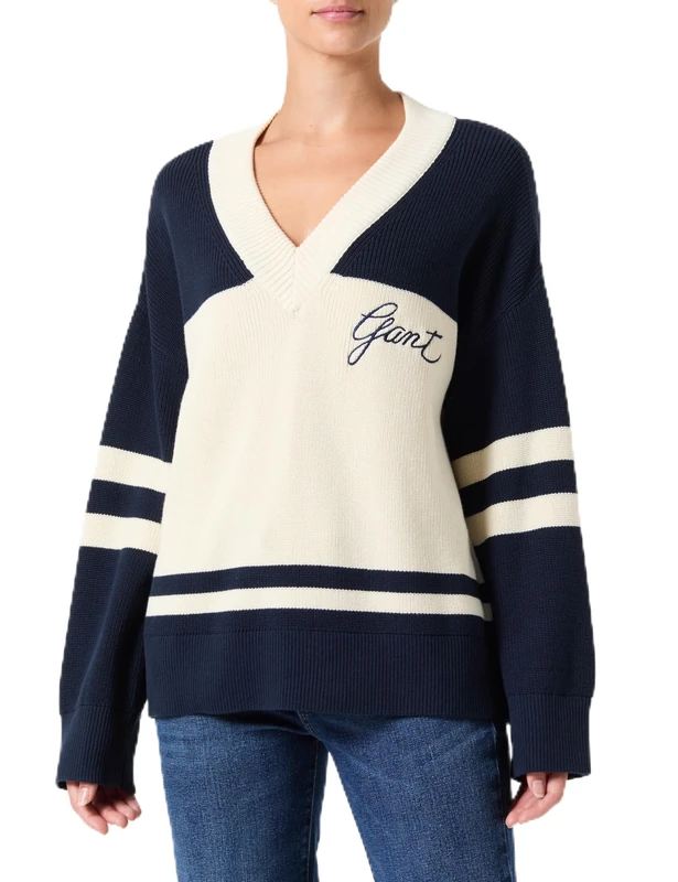 GANT Varsity Cotton V-Neck, Evening Blue, XS