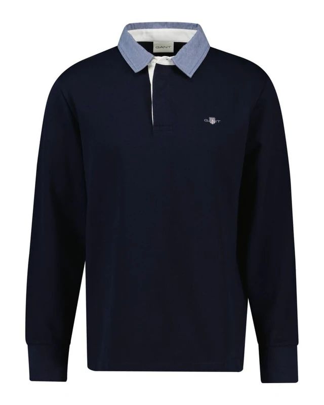 GANT Men's Long Sleeve Polo Chambray Regular Heavy Rugger, Evening Blue, Evening Blue, L
