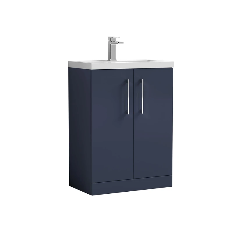 nuie PAL035E Arno Compact Modern Bathroom Floor Standing 2 Soft Close Door Cloakroom Vanity Unit with Ceramic Basin, 600mm, Midnight Blue