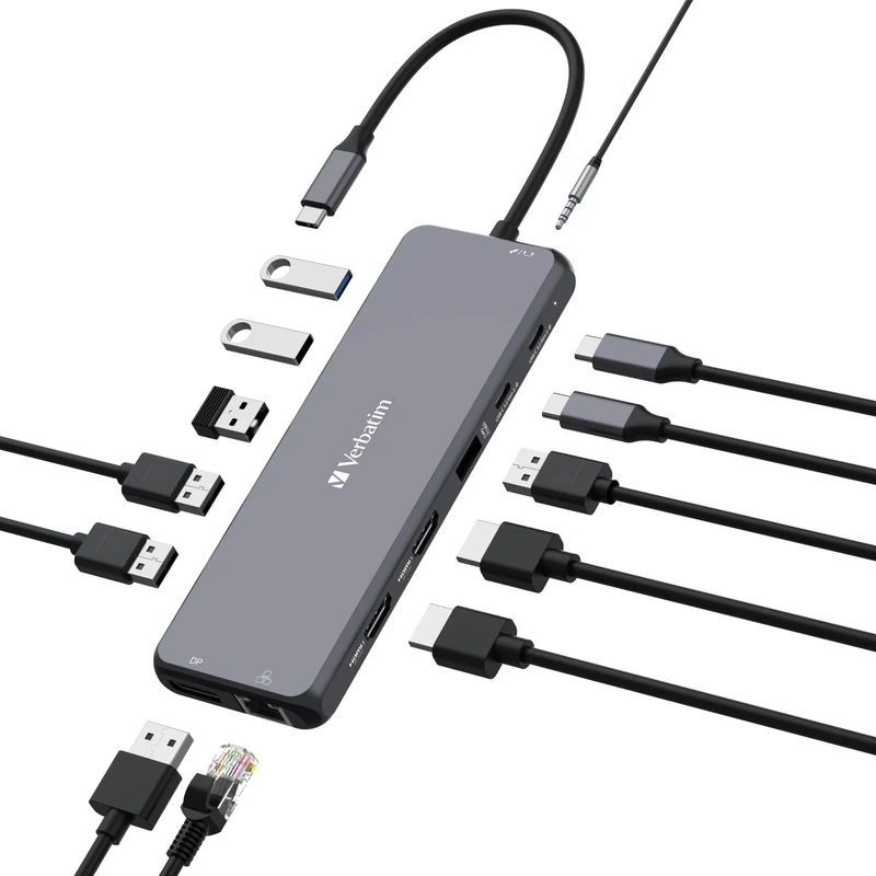 Verbatim USB C Hub 13-in-1 Multiport Adapter USB-C to HDMI, RJ45, USBA-A and USB-C PD, with SD Card Reader, for Mac, MacBook Pro/Air, iPad Pro, Thinkpad, Windows Computer, Laptop and Co, 32153