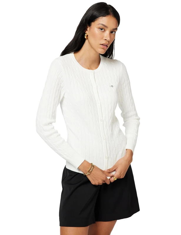 GANT Women's Stretch Cotton Cable Cardigan Sweater, Eggshell, S