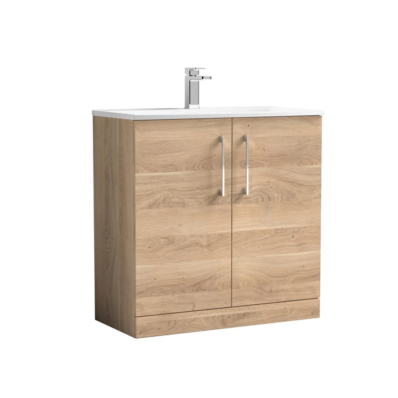nuie ARN3005G Arno Modern Bathroom Floor Standing 2 Soft Close Door Vanity Unit with 1 Tap Hole Curved Basin, 800mm, Bleached Oak Woodgrain