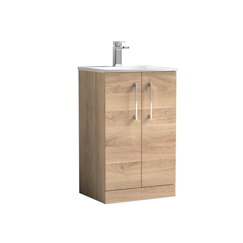 nuie ARN3001G Arno Modern Bathroom Floor Standing 2 Soft Close Door Vanity Unit with 1 Tap Hole Curved Basin, 500mm, Bleached Oak Woodgrain