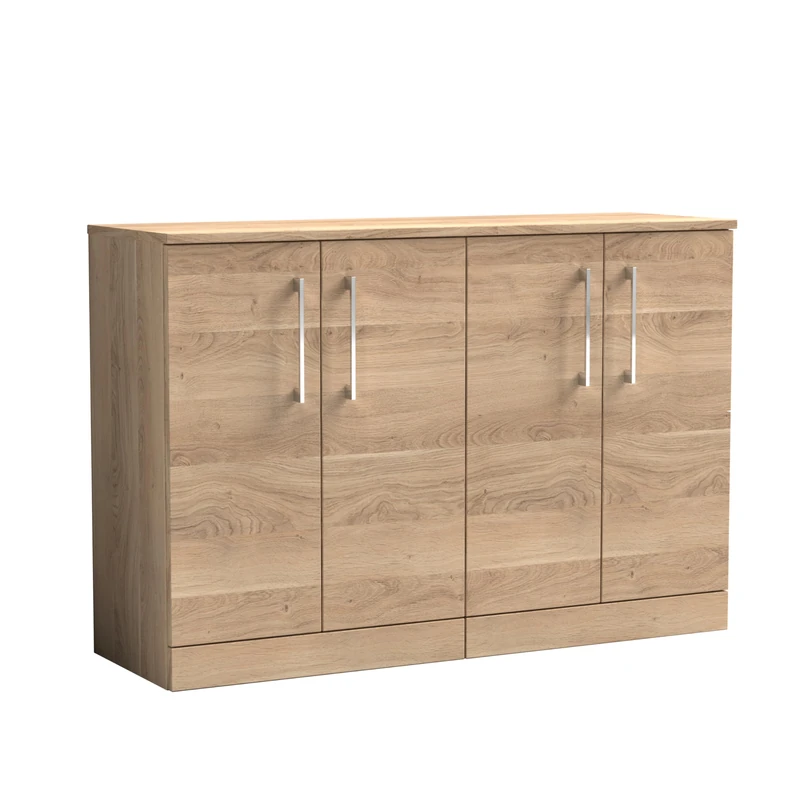 nuie ARN3003W2 Arno Modern Bathroom Floor Standing 4 Soft Close Door Double Vanity with Colour Coordinating Worktop, 1200mm, Bleached Oak Woodgrain