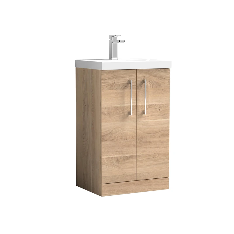 nuie ARN3001D Arno Modern Bathroom Floor Standing 2 Soft Close Door Vanity Unit with 1 Tap Hole Thin-Edge Basin, 500mm, Bleached Oak Woodgrain
