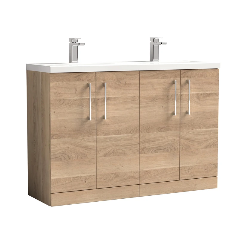 nuie ARN3003F Arno Modern Bathroom Floor Standing 4 Soft Close Door Double Vanity with Ceramic Basin, 1200mm, Bleached Oak Woodgrain
