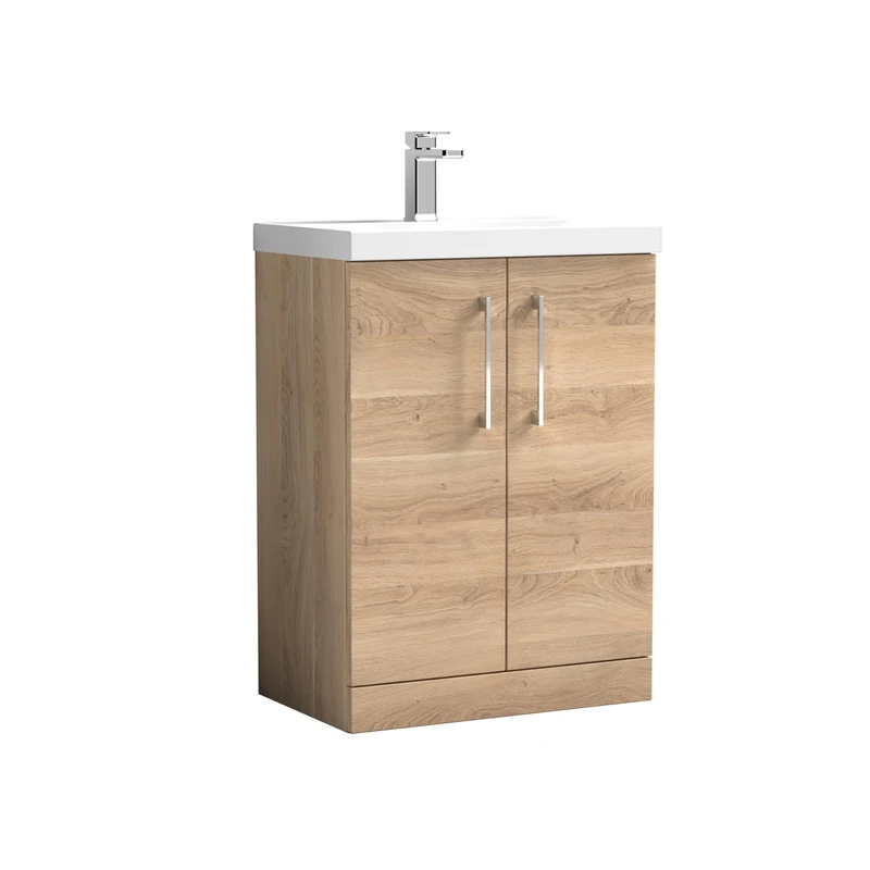 nuie ARN3003A Arno Modern Bathroom Floor Standing 2 Soft Close Door Vanity Unit with 1 Tap Hole Mid-Edge Basin, 600mm, Bleached Oak Woodgrain