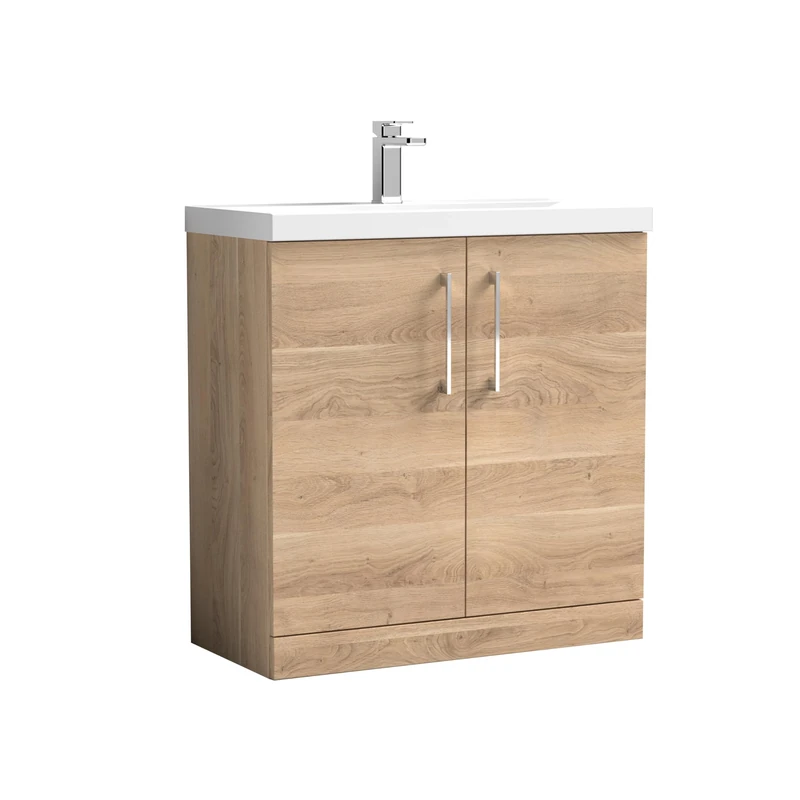 nuie ARN3005A Arno Modern Bathroom Floor Standing 2 Soft Close Door Vanity Unit with 1 Tap Hole Mid-Edge Basin, 800mm, Bleached Oak Woodgrain