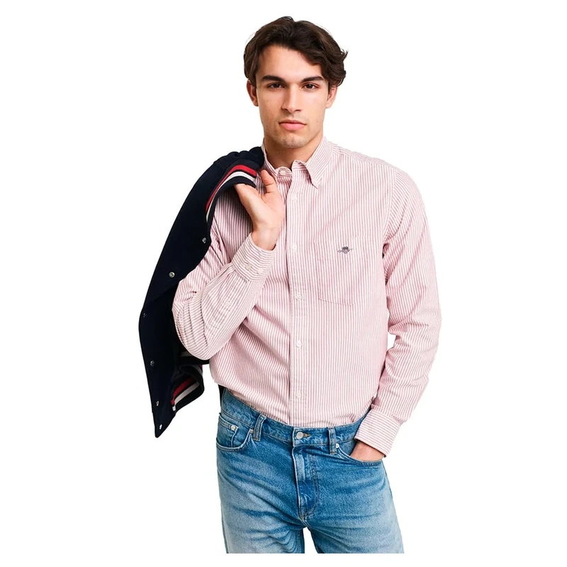 GANT Men's Reg Oxford Banker Stripe Shirt, Iron Red, S